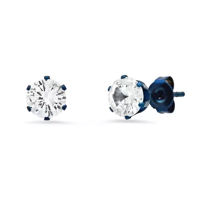 Men's blue ip stainless steel and white simulated diamonds stud earrings