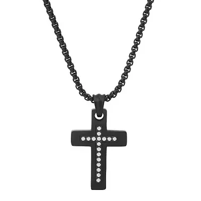 Men's black ip stainless steel and simulated diamonds cross pendant