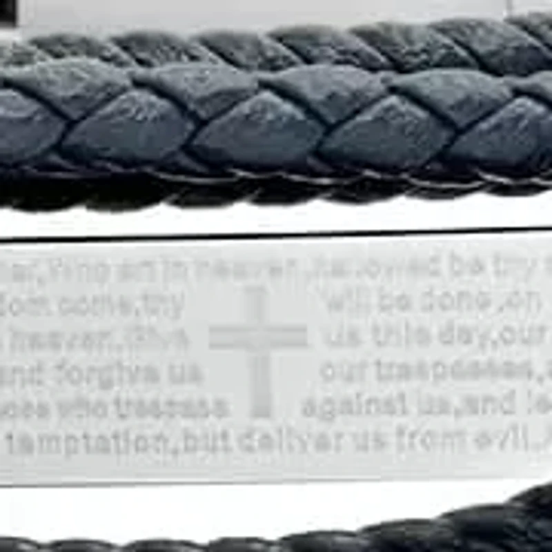Men's layered navy blue leather with stainless steel Our Father prayer id bracelet