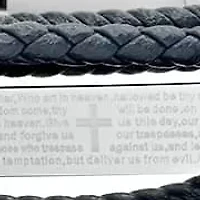 Men's layered navy blue leather with stainless steel Our Father prayer id bracelet