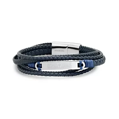 Men's layered navy blue leather with stainless steel Our Father prayer id bracelet