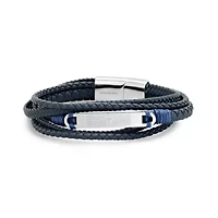 Men's layered navy blue leather with stainless steel Our Father prayer id bracelet