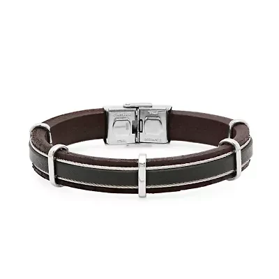 Men's black leather and stainless steel wire accented bracelet