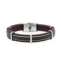 Men's black leather and stainless steel wire accented bracelet