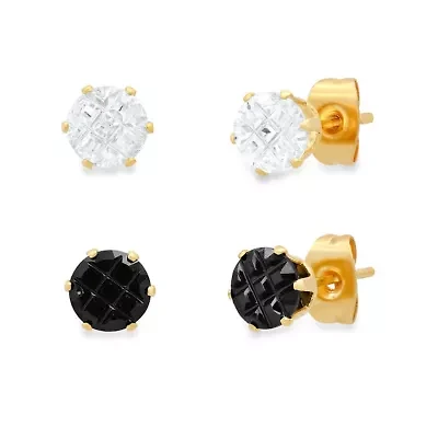 Lab Created Unisex 18k gold plated stainless steel black & white cz diamond cut stud earrings set