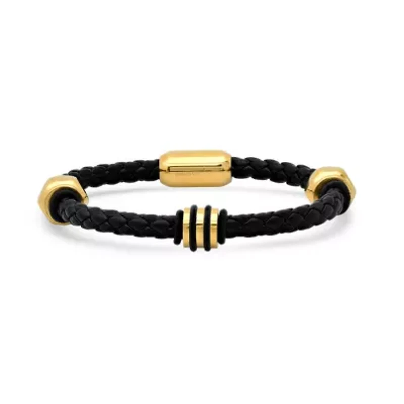 Men's black braided leather bracelet with 18k gold plated stainless steel accented nut designs and black rubber