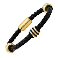 Men's black braided leather bracelet with 18k gold plated stainless steel accented nut designs and black rubber
