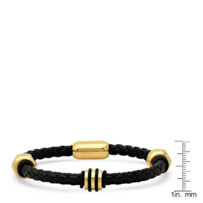 Men's black braided leather bracelet with 18k gold plated stainless steel accented nut designs and black rubber
