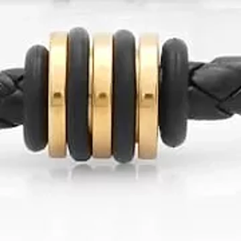 Men's black braided leather bracelet with 18kt gold plated nut design