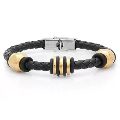 Men's black braided leather bracelet with 18kt gold plated nut design