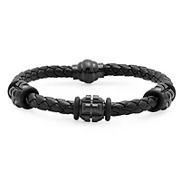 Men's genuine black leather braided bracelet with black ip stainless steel accent