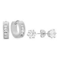 Lab Created Stainless steel set of 2 simulated diamond stud and simulated diamond huggie earrings