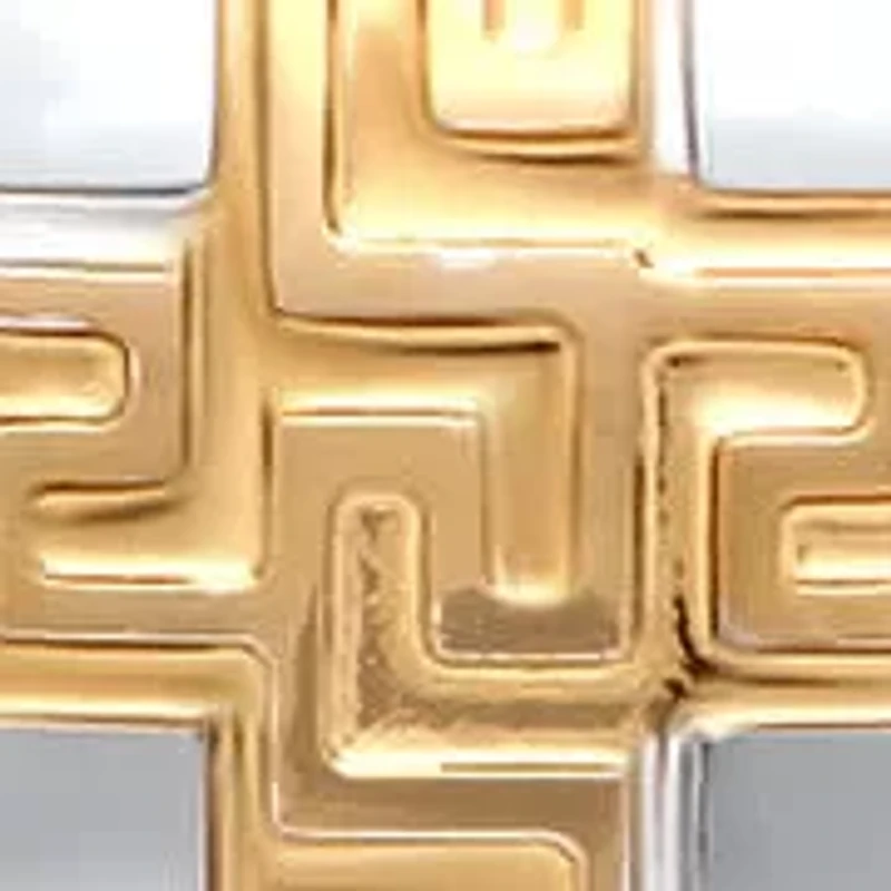 Two tone stainless steel and 18k gold plated stainless steel greek key and cross accented huggie earrings