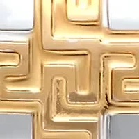 Two tone stainless steel and 18k gold plated stainless steel greek key and cross accented huggie earrings