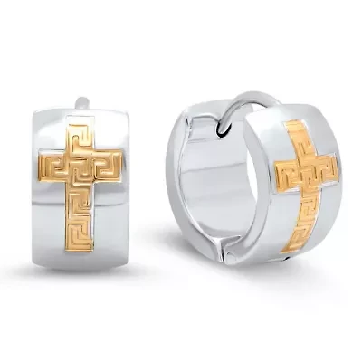 Two tone stainless steel and 18k gold plated stainless steel greek key and cross accented huggie earrings