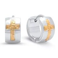 Two tone stainless steel and 18k gold plated stainless steel greek key and cross accented huggie earrings