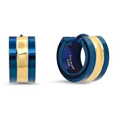 Men's two tone blue ip/18k gold plated stainless steel huggie earrings