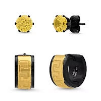 Lab Created Men's two tone black ip stainless steel and 18k gold plated huggies/simulated yellow diamonds stud earrings 2pc set with greek key accents