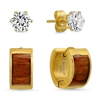 Lab Created Men's 18k gold plated stainless steel, tiger eye huggies and simulated diamond studs