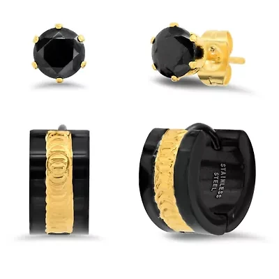 Lab Created Men's two tone black ip and 18k gold plated stainless steel simulated diamond studs and huggies set