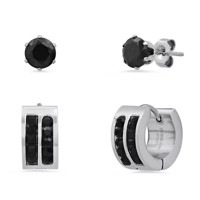 Lab Created Unisex 2pc set stainless steel and simulated black diamonds studs & huggies earrings
