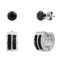 Lab Created Unisex 2pc set stainless steel and simulated black diamonds studs & huggies earrings