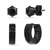 Men's black ip stainless steel and simulated diamonds stud/huggie earrings set