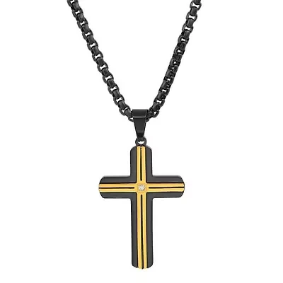 Men's two tone black ip and stainless steel with simulated diamond cross pendant