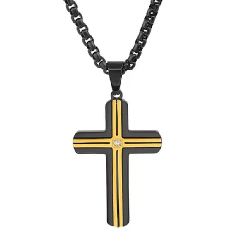 Men's two tone black ip and stainless steel with simulated diamond cross pendant