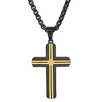 Men's two tone black ip and stainless steel with simulated diamond cross pendant