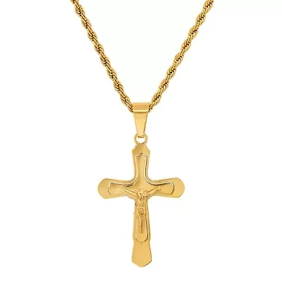 Men's 18k gold plated stainless steel double crucifix pendant