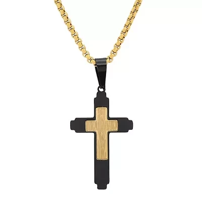 Men's two tone 18k gold plated and black ip stainless steel cross pendant