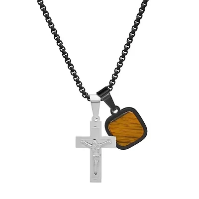 Men's two tone black ip and stainless steel cross and tiger eye dog tag pendant