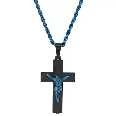 Men's two tone black/blue ip stainless steel crucifix pendant
