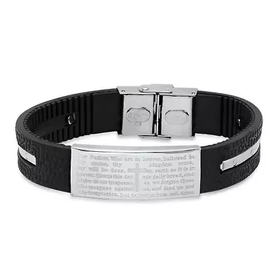 Men's black rubber and stainless steel our father prayer ridged bracelet