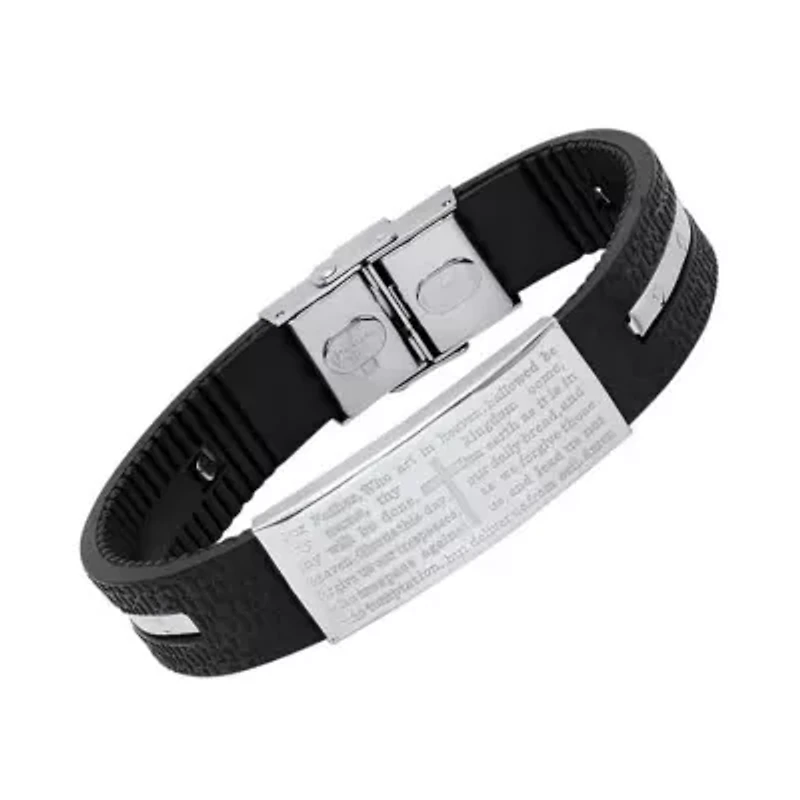 Men's black rubber and stainless steel our father prayer ridged bracelet