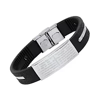 Men's black rubber and stainless steel our father prayer ridged bracelet