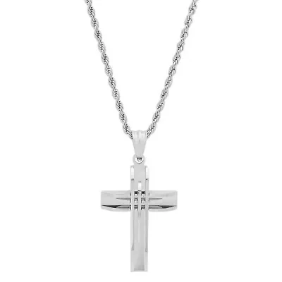 Stainless steel cut accented cross pendant