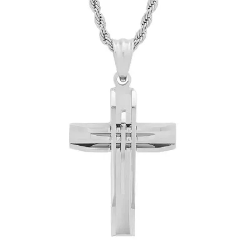 Stainless steel cut accented cross pendant