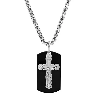 Men's stainless steel sandblast crucifix and black ip dog tag pendant necklace