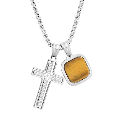 Men's stainless steel Our Father english prayer spinning cross and tiger eye square pendants
