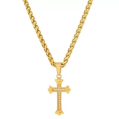 Men's 18k gold plated stainless steel and simulated diamonds cross pendant