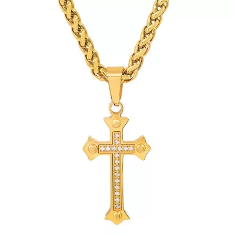Men's 18k gold plated stainless steel and simulated diamonds cross pendant