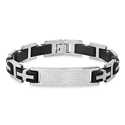 Men's stainless steel and black rubber Our Father id link bracelet