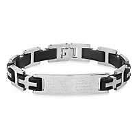 Men's stainless steel and black rubber Our Father id link bracelet