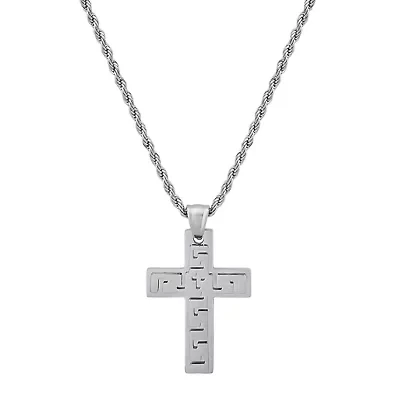 Men's stainless steel cross pendant with greek key accents