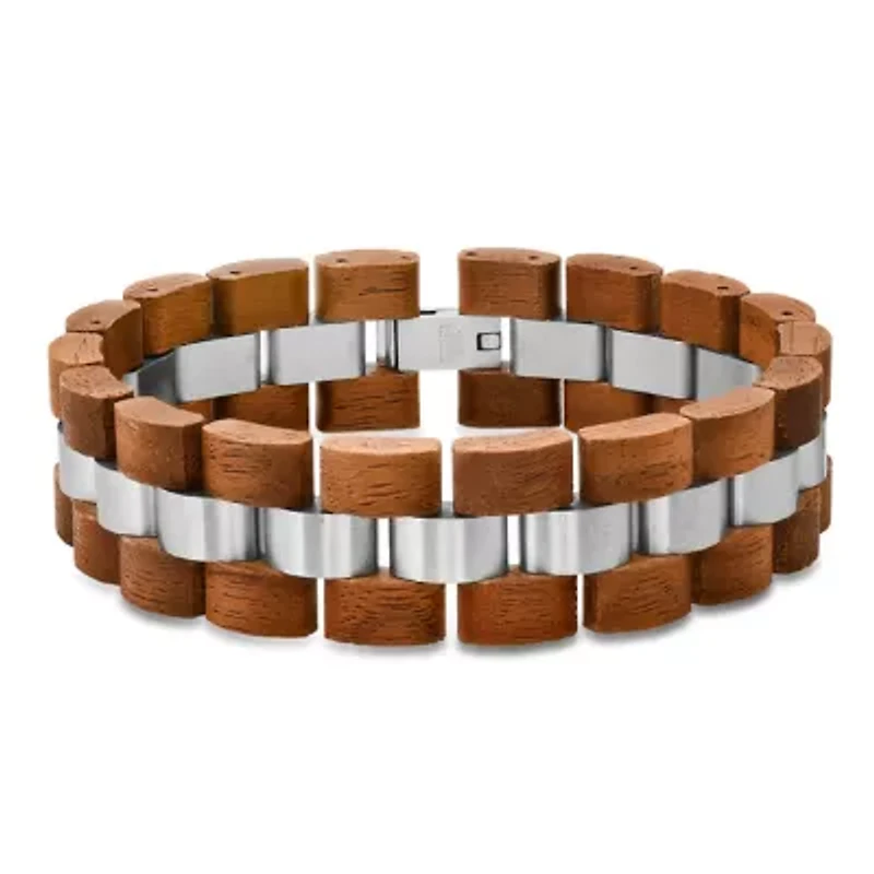 Men's stainless steel and wood thick link bracelet