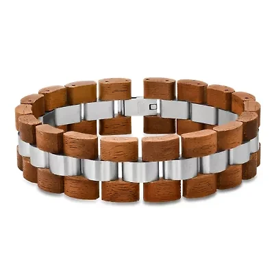 Men's stainless steel and wood thick link bracelet