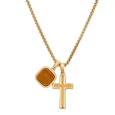 Men's 18k gold plated stainless steel and tiger eye dog tag & Lord's prayer spinner cross pendant