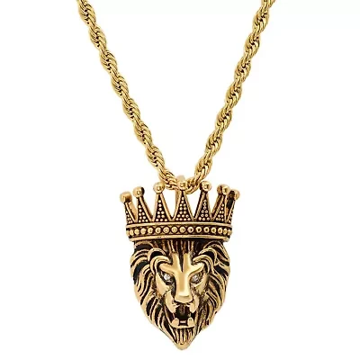 Lab Created Men's 18k gold plated stainless steel simulated diamonds lion's head and crown pendant